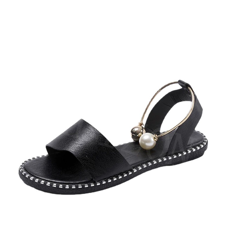 2021 new oversized flat pearl comfortable sandals, European and American fashion open-toe casual one-shoulder women's flip-flops Item Picture