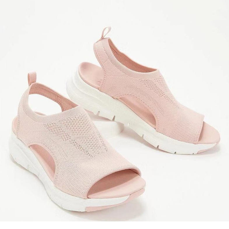 2022 New export large-sized fly-knit wedge heel casual sandals, European and American cross-border fish-mouth breathable summer sports sandals details Picture