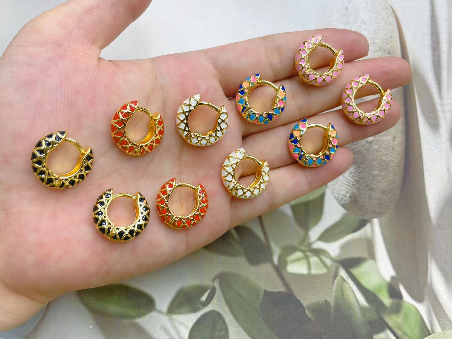 欧美彩色滴油珐琅耳环多巴胺菱形格纹耳饰品新中式中国风