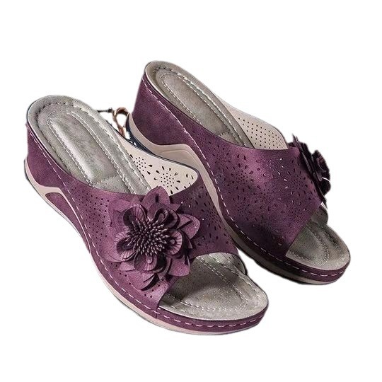 Cross-border large-sized slippers for women 2021 New Spring and Autumn hollowed-out wedge heel casual flip-flops wish flower beach shoes Item Picture