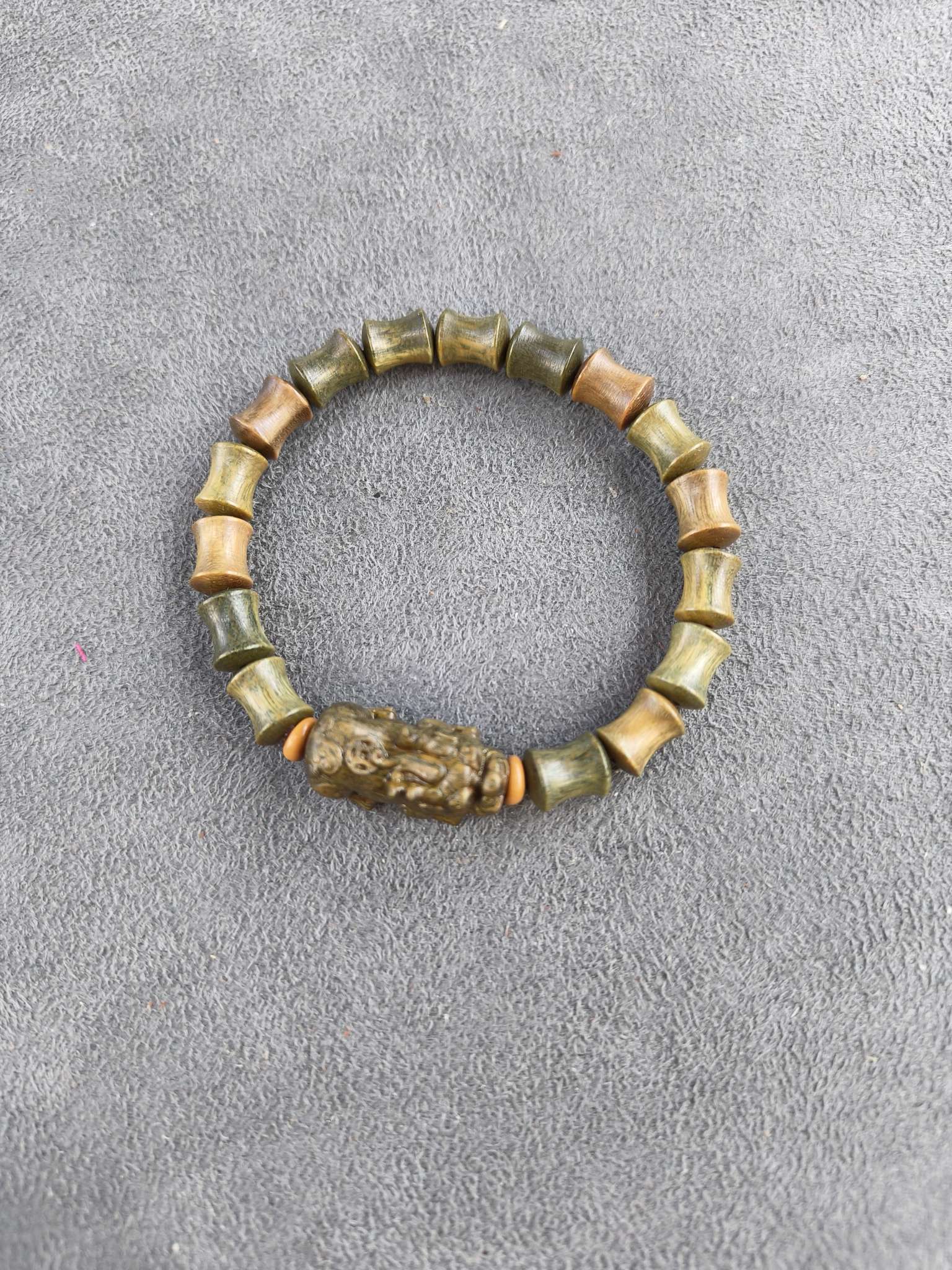 绿檀竹节招财貔貅手串，节节高升，手工木雕貔貅手链！手工木雕