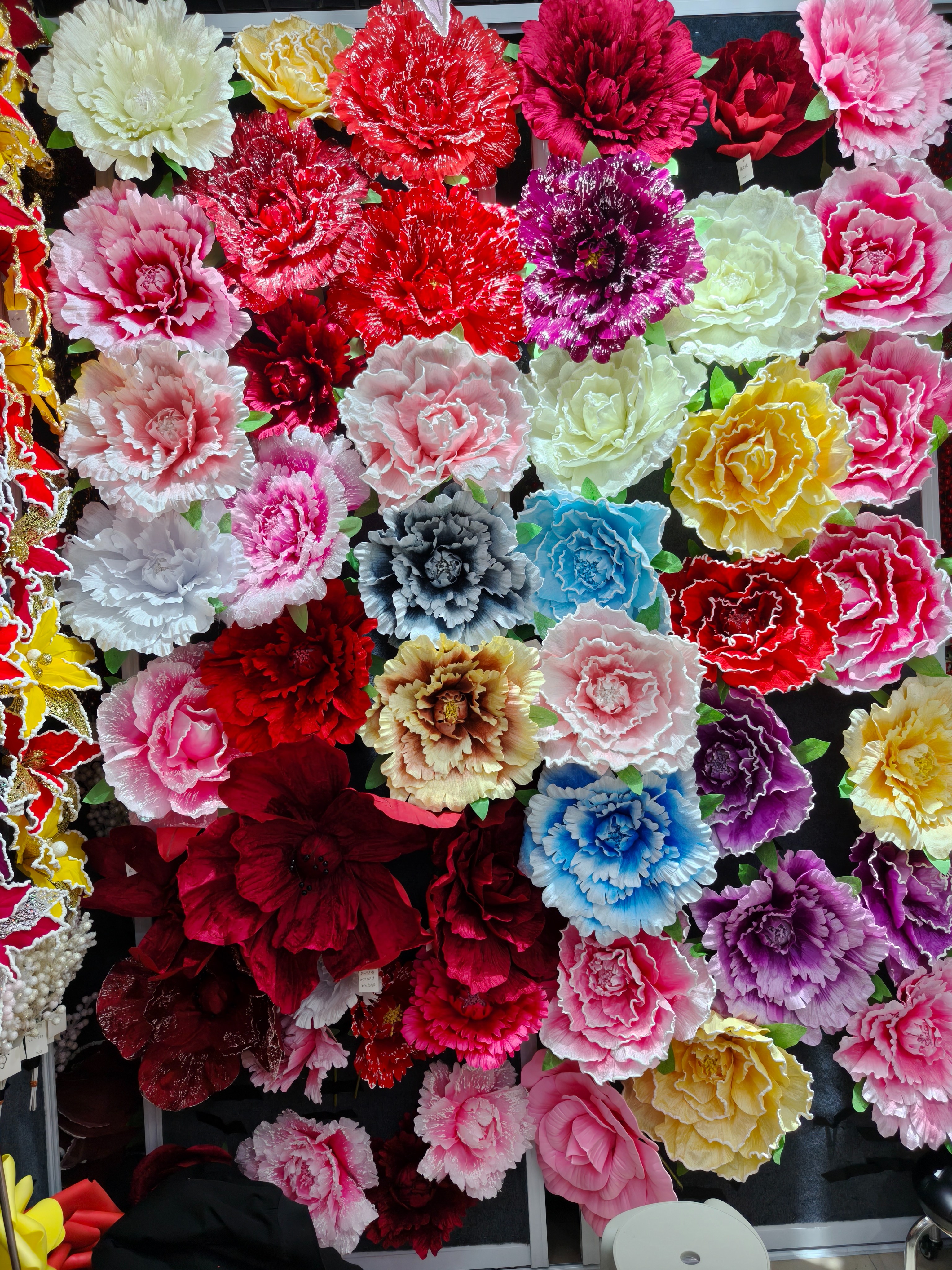 Wedding decoration faux velvet rose, large stage background arrangement, shopping mall window display dyed faux flowers details Picture