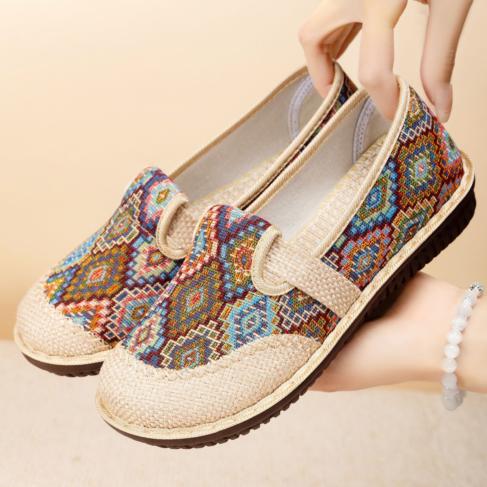 New breathable, one-step soft-soled single shoes for women, comfortable linen, ethnic style, old Beijing casual cloth shoes Specification drawing