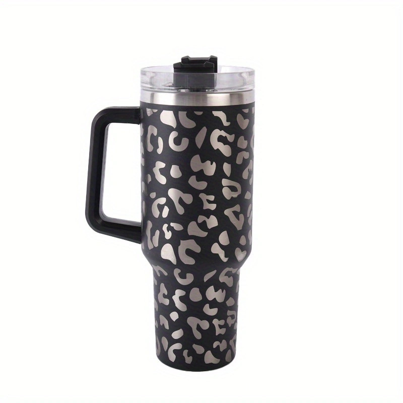 40oz leopard print handle car cup, giant insulated cup, large-capacity car straw cup, vacuum portable cup pic 3