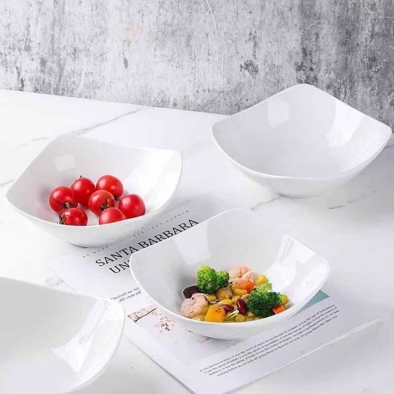 Pure white four-corner household imitation ceramic bowls and plates, salad bowls, soup plates and creative vegetable plates pic 2