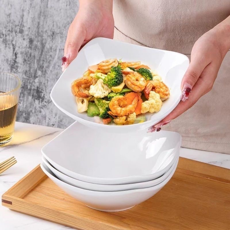 Pure white four-corner household imitation ceramic bowls and plates, salad bowls, soup plates and creative vegetable plates pic 1