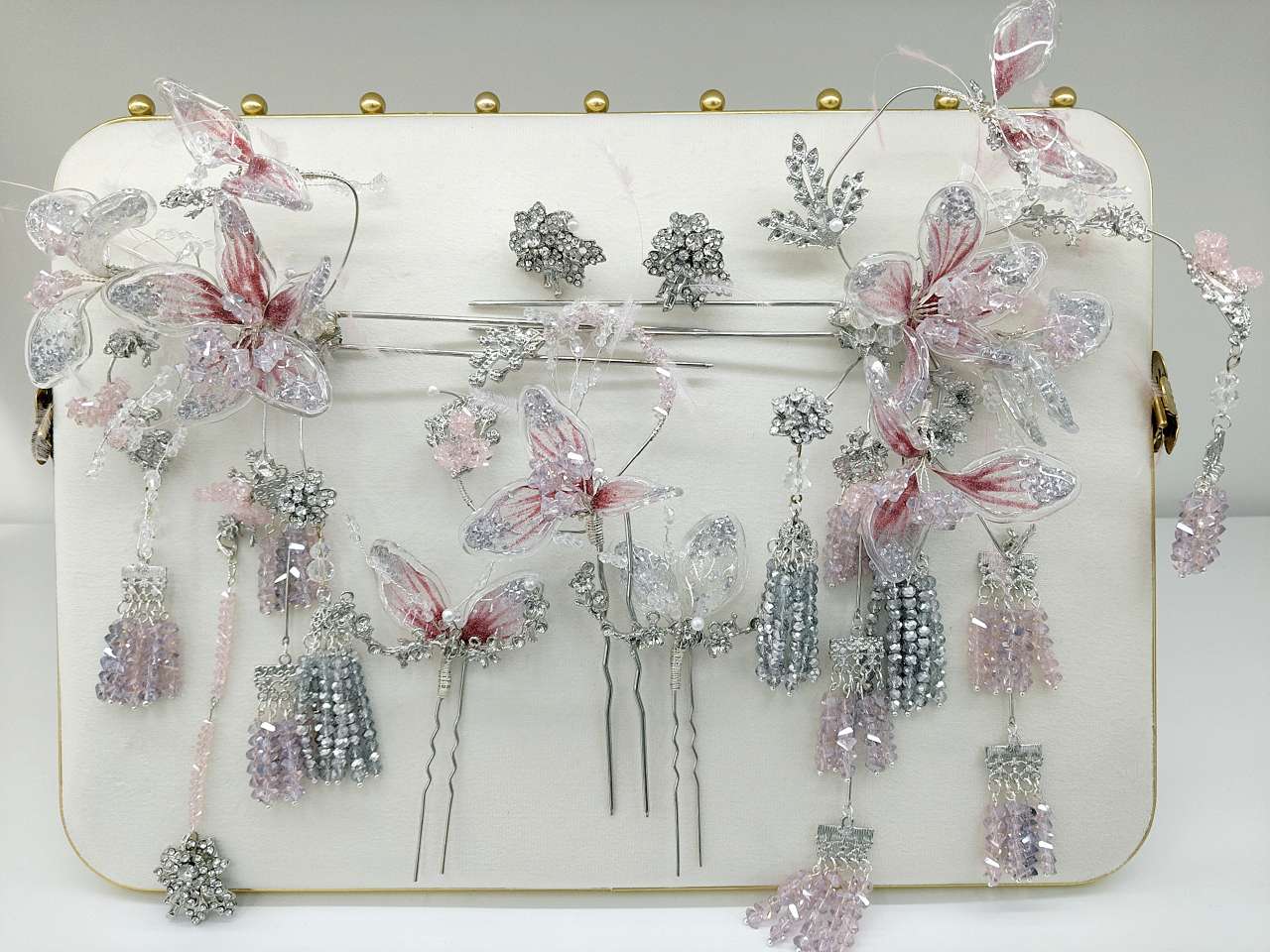 【 Pink Butterfly Fairy Hairpin 】 Transparent gauze butterfly wing Hanfu hair accessory, silver diamond tassels, dynamic ancient-style headwear detail image 2