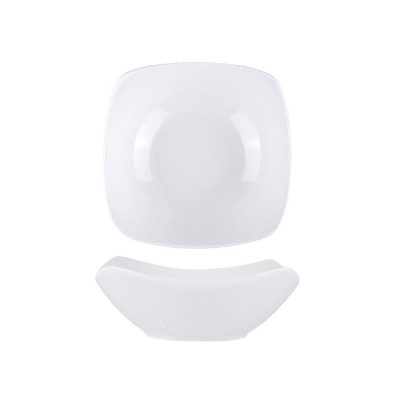 Pure white four-corner household imitation ceramic bowls and plates, salad bowls, soup plates and creative vegetable plates Application Scenario