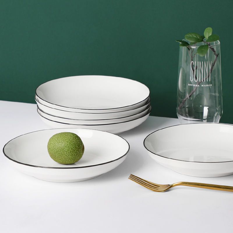 纯白陶瓷圆盘黑边盘子饭盘家用菜盘炒菜盘碟子