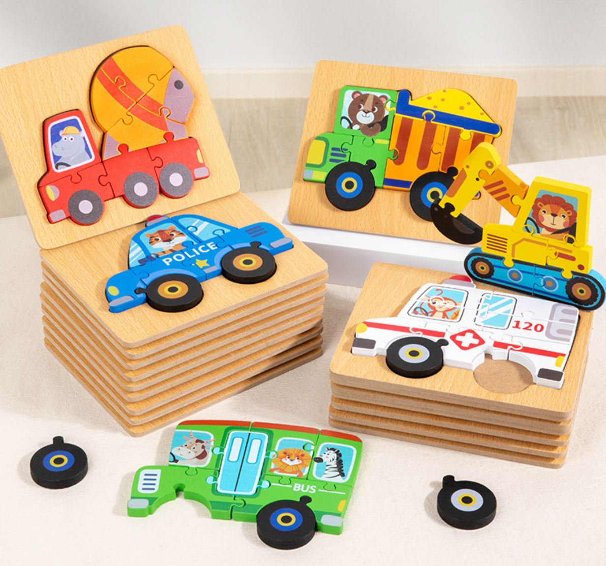 交通拼图儿童木质3D动物交通立体拼图幼儿园早教认知益智拼图套装玩具批发
