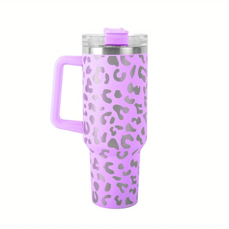 40oz leopard print handle car cup, giant insulated cup, large-capacity car straw cup, vacuum portable cup pic 6