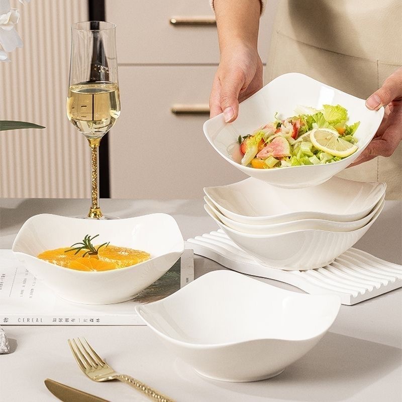Pure white four-corner household imitation ceramic bowls and plates, salad bowls, soup plates and creative vegetable plates pic 3