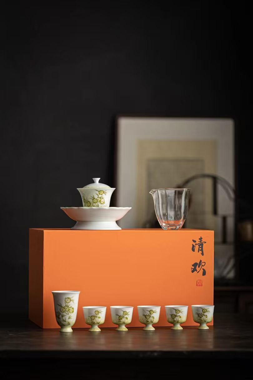 白瓷手绘雏菊系列9头套组配礼盒商务礼品茶具套装