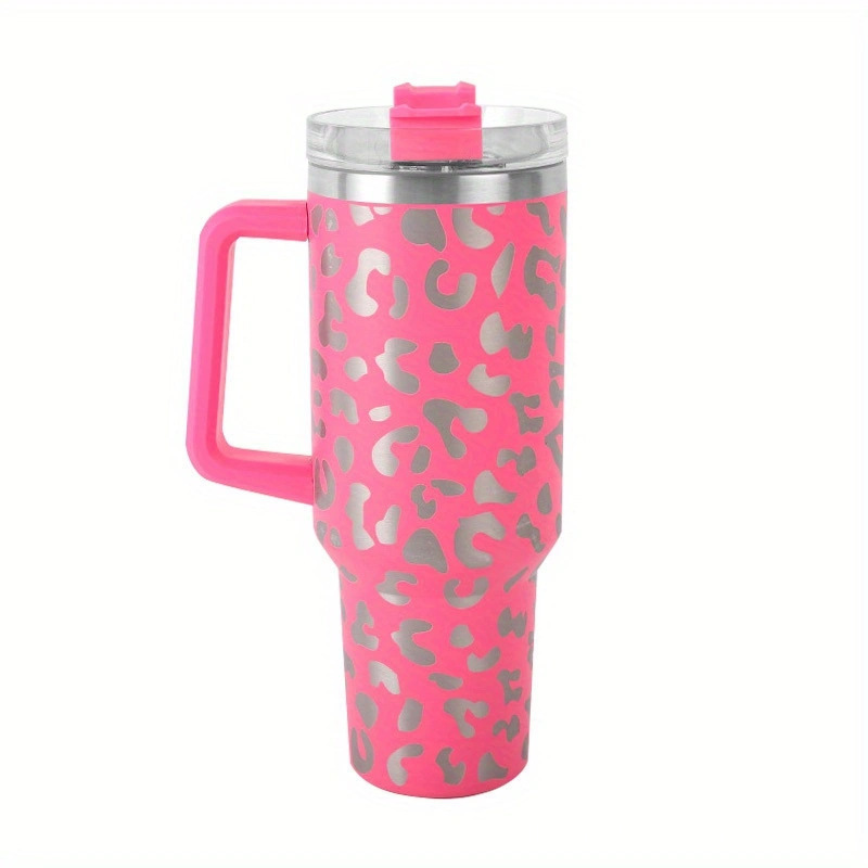 40oz leopard print handle car cup, giant insulated cup, large-capacity car straw cup, vacuum portable cup pic 5