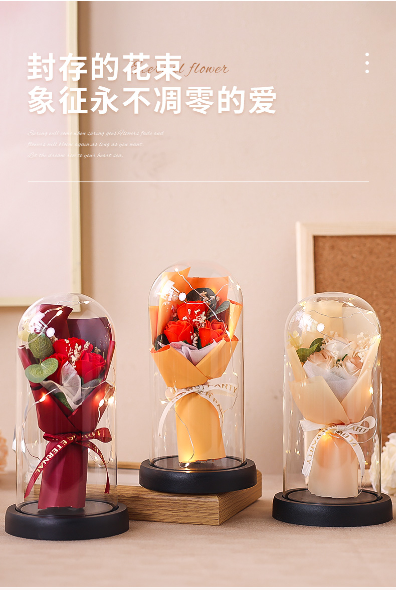 玫瑰香皂花亚克力罩圣诞节情人节母亲节高级感浪漫礼物桌面摆件送闺蜜朋友生日礼物伴手礼仿真玫瑰花创意实用小礼品跨境外贸工厂直详情2