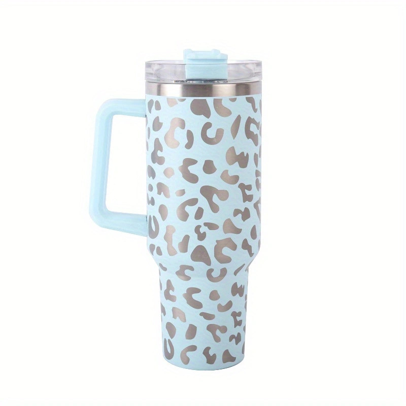 40oz leopard print handle car cup, giant insulated cup, large-capacity car straw cup, vacuum portable cup pic 4