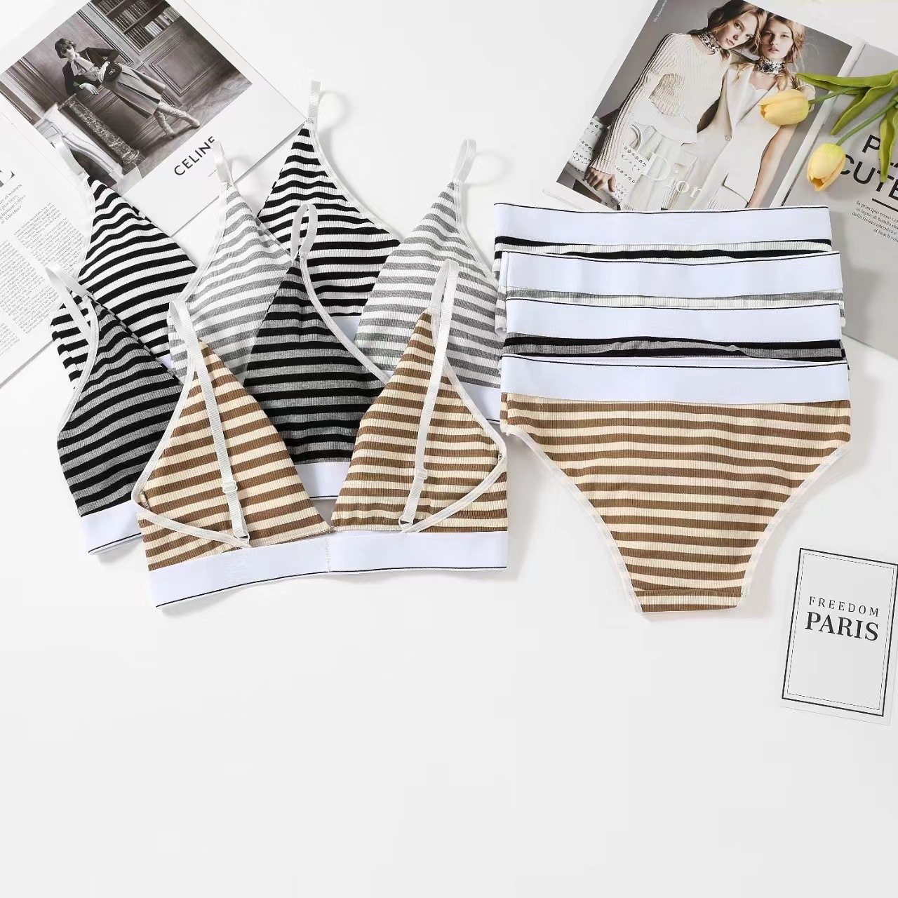 Foreign trade triangular cup underwear for women, thin color contrast striped backrest set, sexy sports bra, triangular pants set for women details Picture