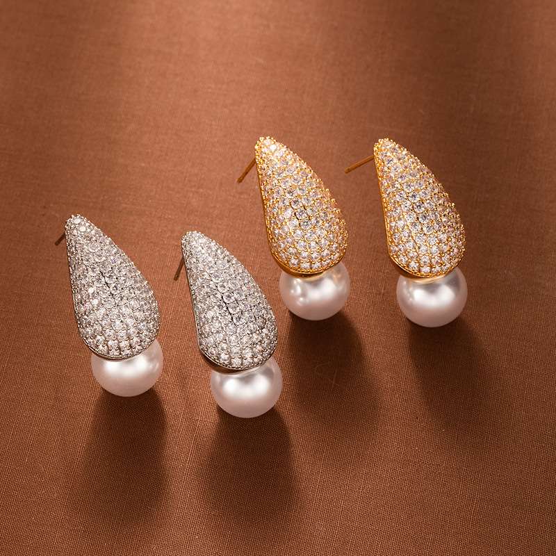 小众铜镶锆石耳环微镶满钻水滴珍珠耳钉轻奢感气质百搭耳饰耳环