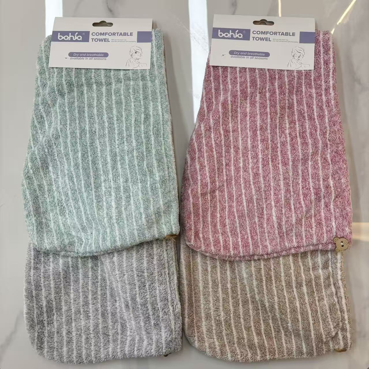 Coral fleece dry hair cap, absorbent quick-drying shower cap, white striped shower bag headscarf