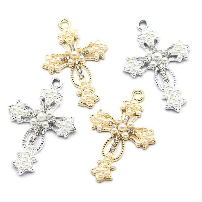 23*34MM alloy retro pearl cross necklace pendant, keychain decorative pendant detail image 5