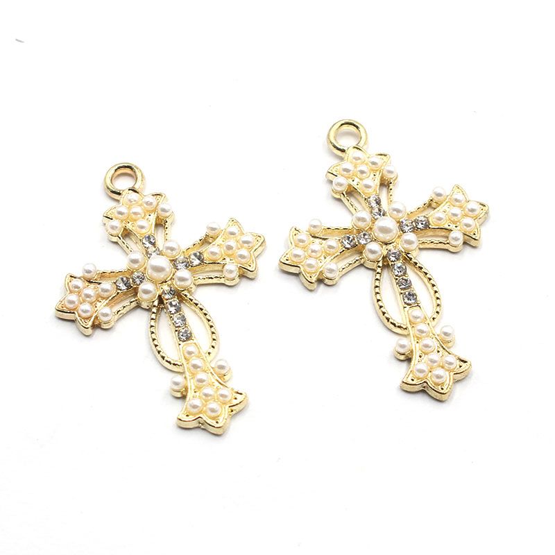 23*34MM alloy retro pearl cross necklace pendant, keychain decorative pendant details Picture