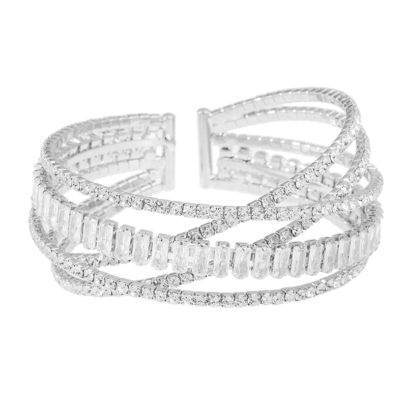 Wholesale of classic 5-row zircon cross bracelets from Europe and America for women's wedding banquets, versatile elastic open-mouth jewelry Application Scenario