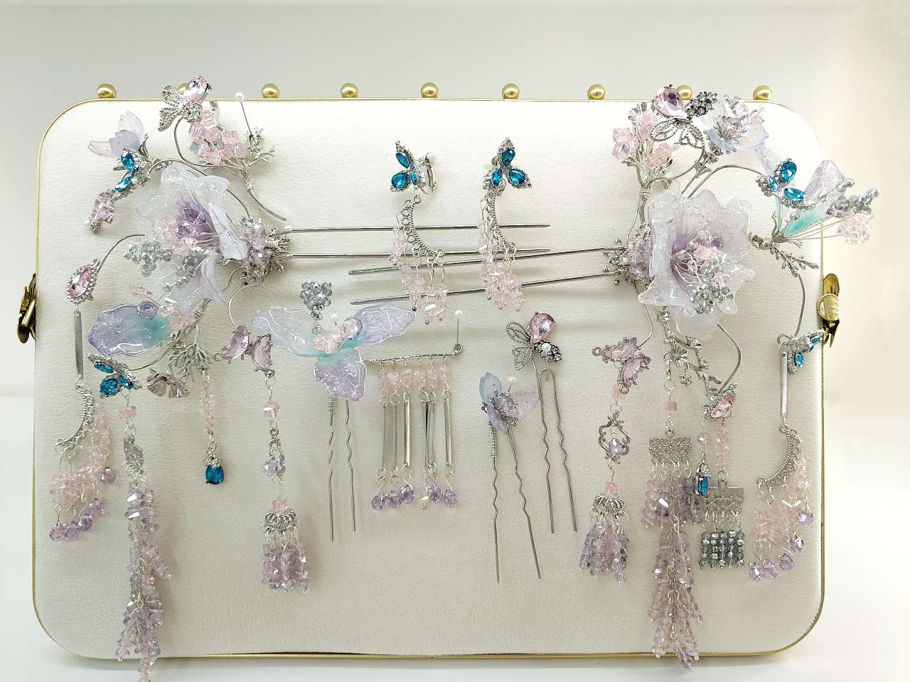 【 Pink and Purple Glazed Hanfu Hair Accessory Set 】 Butterfly flower pendant tassels, ethereal and radiant, perfect for ancient-style makeup and styling details Picture