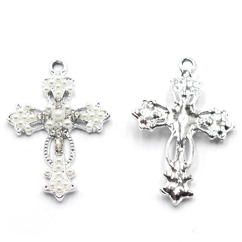 23*34MM合金复古珍珠十字架项链吊坠钥匙扣装饰挂件