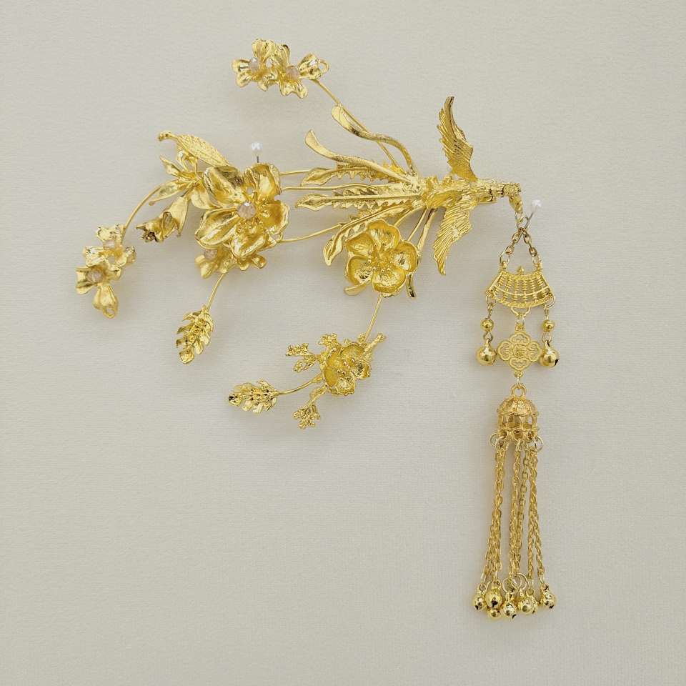 【 Gilded Ancient-style Hair Accessory Set 】 Flower-and-bird tassels, luxurious and suitable for Tang and Ming style Hanfu, stunning for weddings and festivals. Ancient-style hair accessory five-piece set Specification image