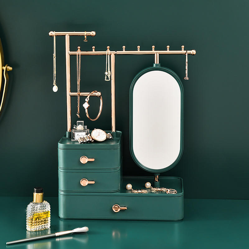 网红首饰盒收纳盒化妆品精致盒耳环项链置物架梳妆镜戒指厂家直销7543