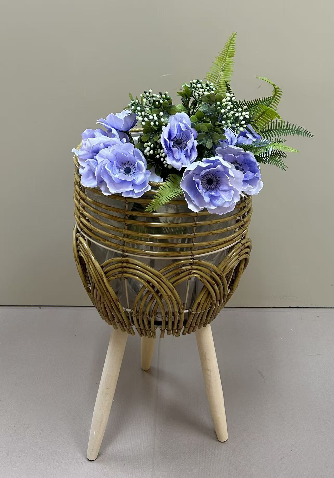 Nordic style creative, pure handcrafted, outward-woven flower baskets, wooden legs, high flower stands, floor-standing indoor and outdoor decoration, green ivy, garden potted plants, regenerated flowers, small potted plants grown by oneself, 2 potted plants Specification image