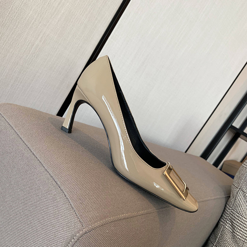 r high heels women's square buckle shoes square toe elephant gray chunky heel patent leather bridesmaid pumps commuter shoes wedding shoes shallow mouth women undefined