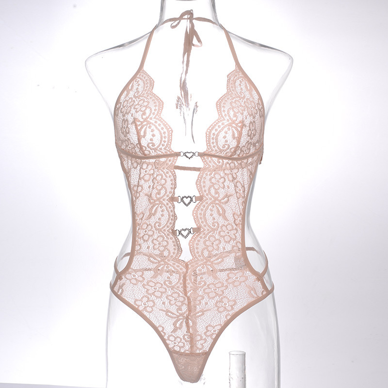Sexy lace-up halter lingerie, semi-transparent lace jumpsuit, women's pajamas, lace cutout deep V-neck halter lingerie pic 11