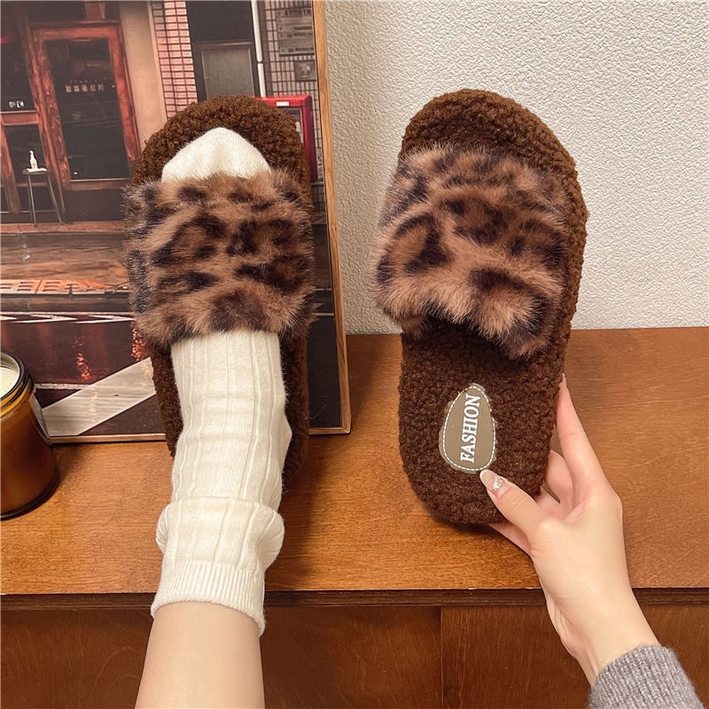 boken leopard print fluffy slippers women's outer wear 2025 new autumn and winter drooping feeling soft bottom high-grade feeling plush cotton slippers undefined