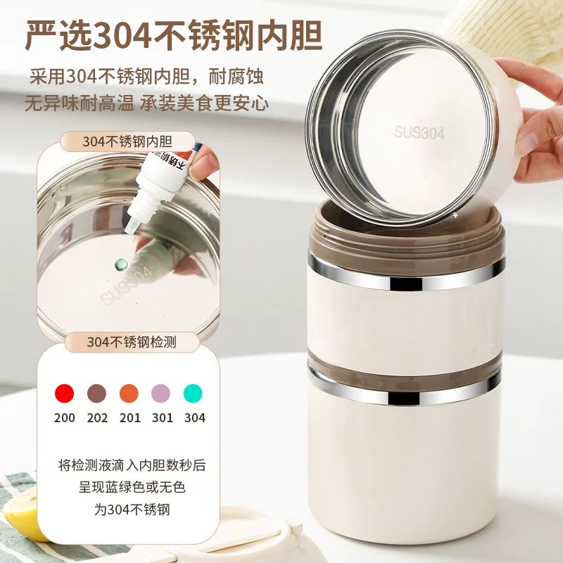 Export quality cross-border stainless steel insulated bucket with rice box, round sealed Japanese bento box, large capacity Specification image