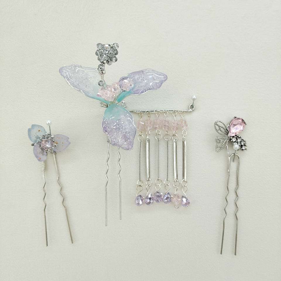 【 Pink and Purple Glazed Hanfu Hair Accessory Set 】 Butterfly flower pendant tassels, ethereal and radiant, perfect for ancient-style makeup and styling Specification image