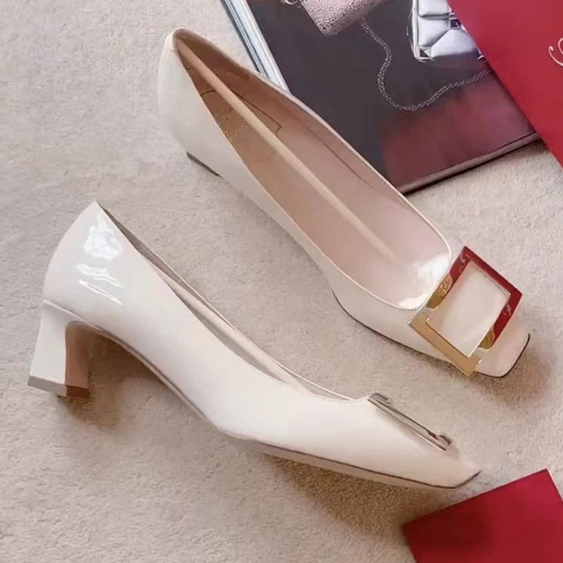 r high heels women's square buckle shoes square toe elephant gray chunky heel patent leather bridesmaid pumps commuter shoes wedding shoes shallow mouth women undefined