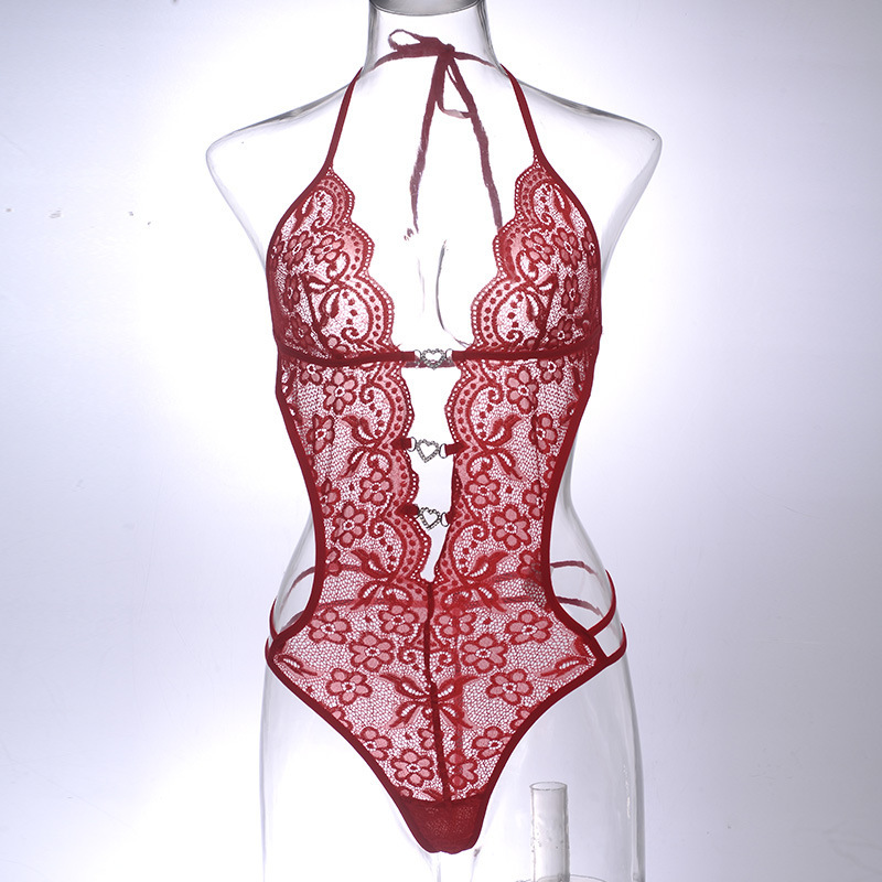 Sexy lace-up halter lingerie, semi-transparent lace jumpsuit, women's pajamas, lace cutout deep V-neck halter lingerie Specification image