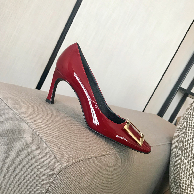 r high heels women's square buckle shoes square toe elephant gray chunky heel patent leather bridesmaid pumps commuter shoes wedding shoes shallow mouth women undefined