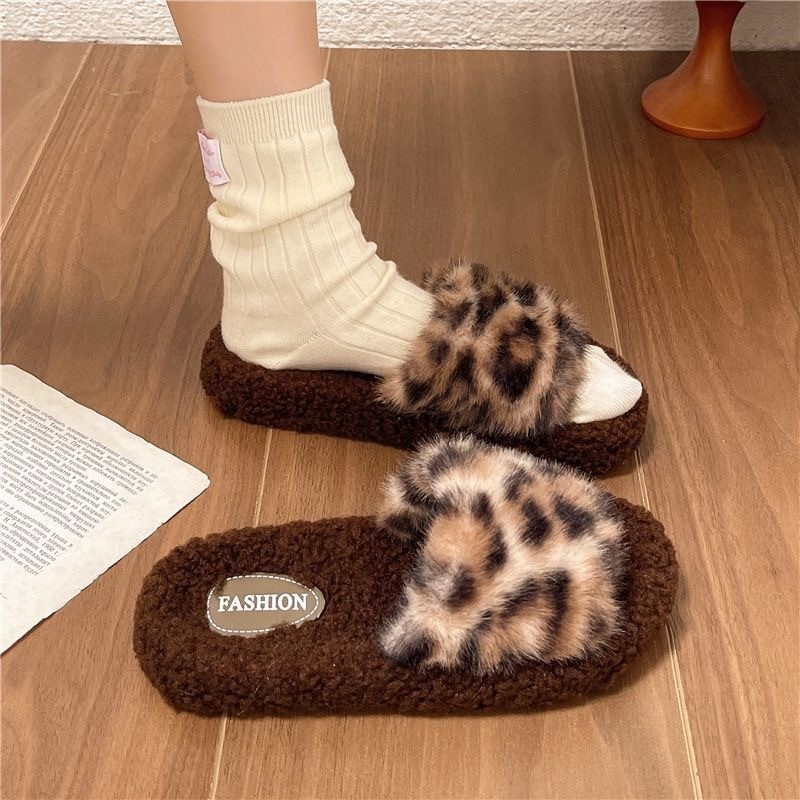 boken leopard print fluffy slippers women's outer wear 2025 new autumn and winter drooping feeling soft bottom high-grade feeling plush cotton slippers undefined