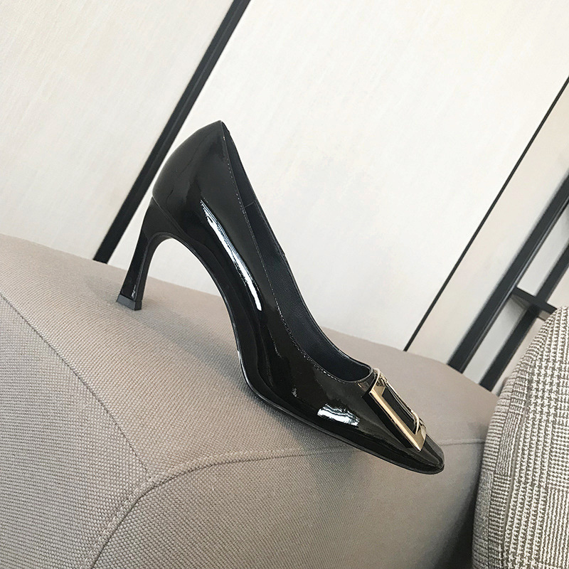 r high heels women's square buckle shoes square toe elephant gray chunky heel patent leather bridesmaid pumps commuter shoes wedding shoes shallow mouth women undefined