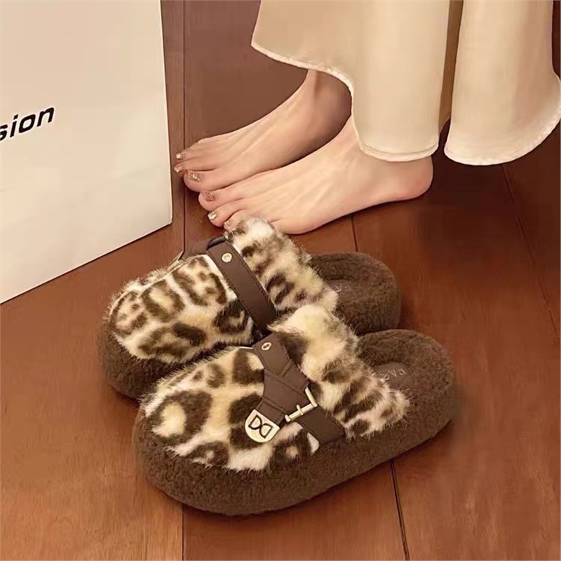 boken leopard print fluffy slippers women's outer wear 2025 new autumn and winter drooping feeling soft bottom high-grade feeling plush cotton slippers undefined