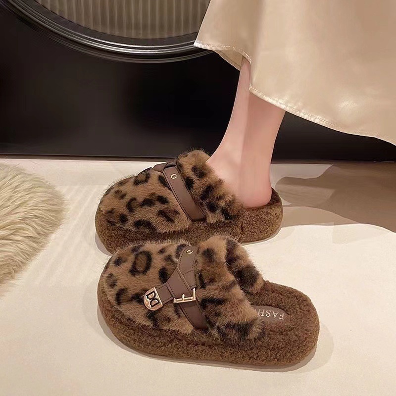 boken leopard print fluffy slippers women's outer wear 2025 new autumn and winter drooping feeling soft bottom high-grade feeling plush cotton slippers undefined