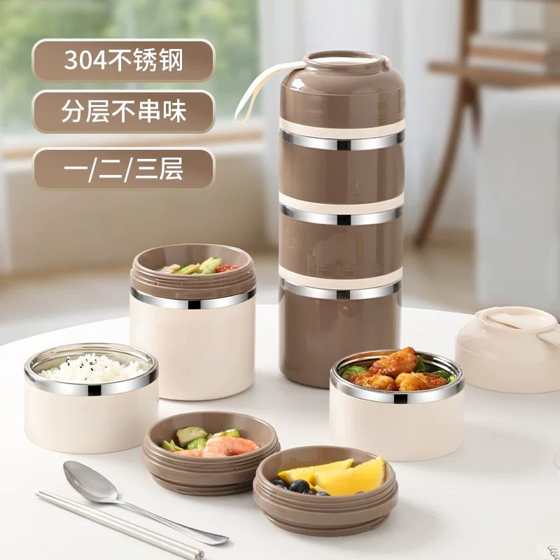 Export quality cross-border stainless steel insulated bucket with rice box, round sealed Japanese bento box, large capacity details Picture