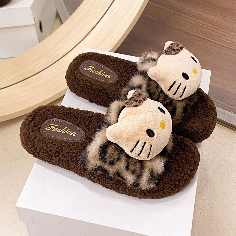 boken leopard print fluffy slippers women's outer wear 2025 new autumn and winter drooping feeling soft bottom high-grade feeling plush cotton slippers undefined