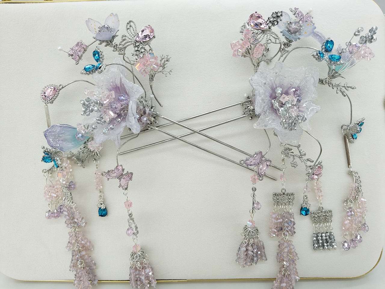 【粉紫琉璃汉服发饰套】蝶花垂流苏，仙气流光适配古风妆造
