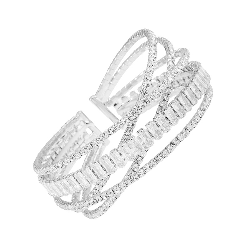 Wholesale of classic 5-row zircon cross bracelets from Europe and America for women's wedding banquets, versatile elastic open-mouth jewelry Specification drawing