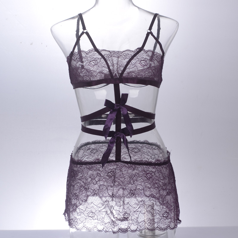 Sexy and interesting cut-out mesh see-through one-piece uniform, high-end sense, no-take lace women's spaghetti-strap nightgown underwear Item Picture