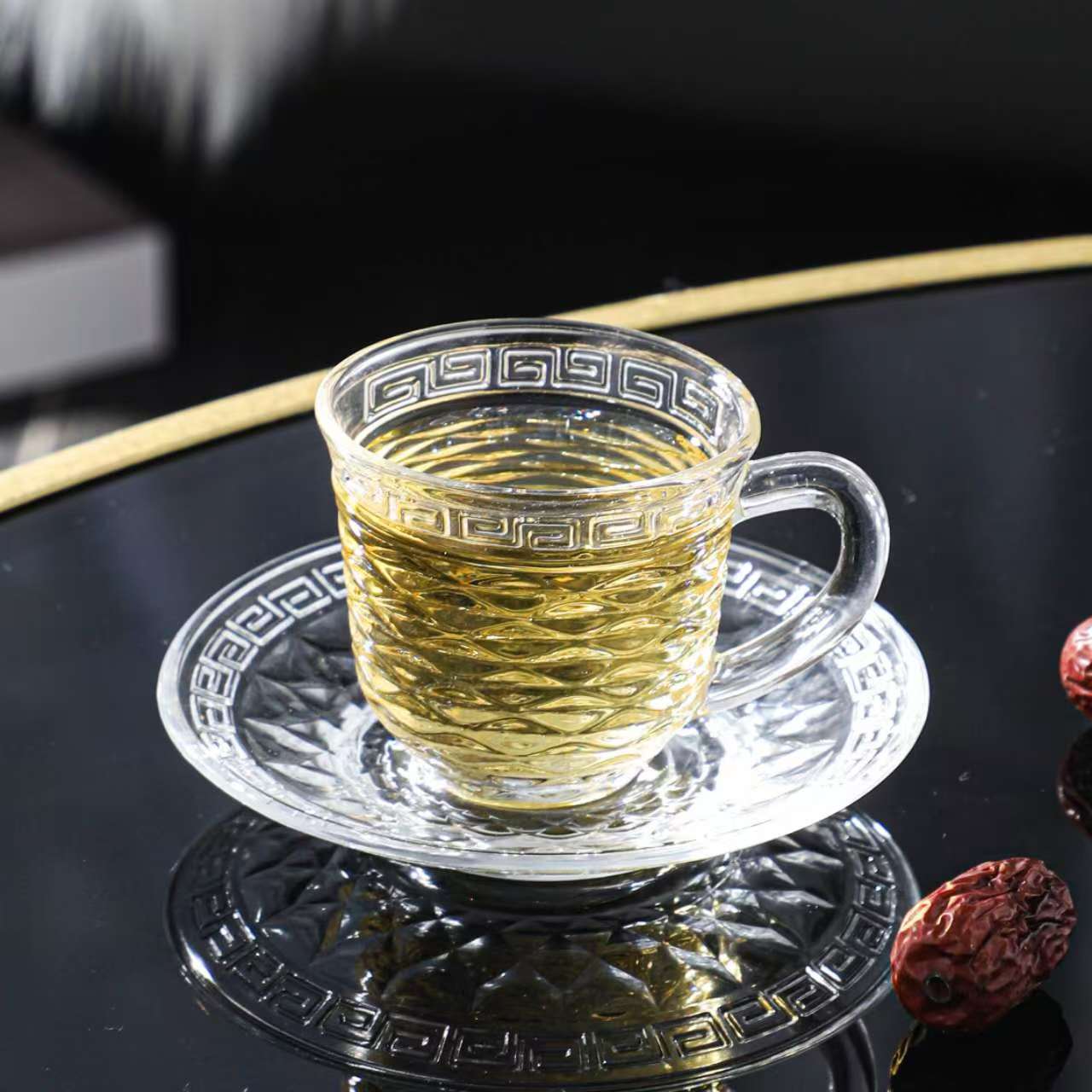 浮雕万字回纹玻璃茶杯套装防烫防滑中式下午茶茶具办公室居家泡茶颜值质感双在线杯碟套装锤纹鱼鳞纹LM162528393717详情图5