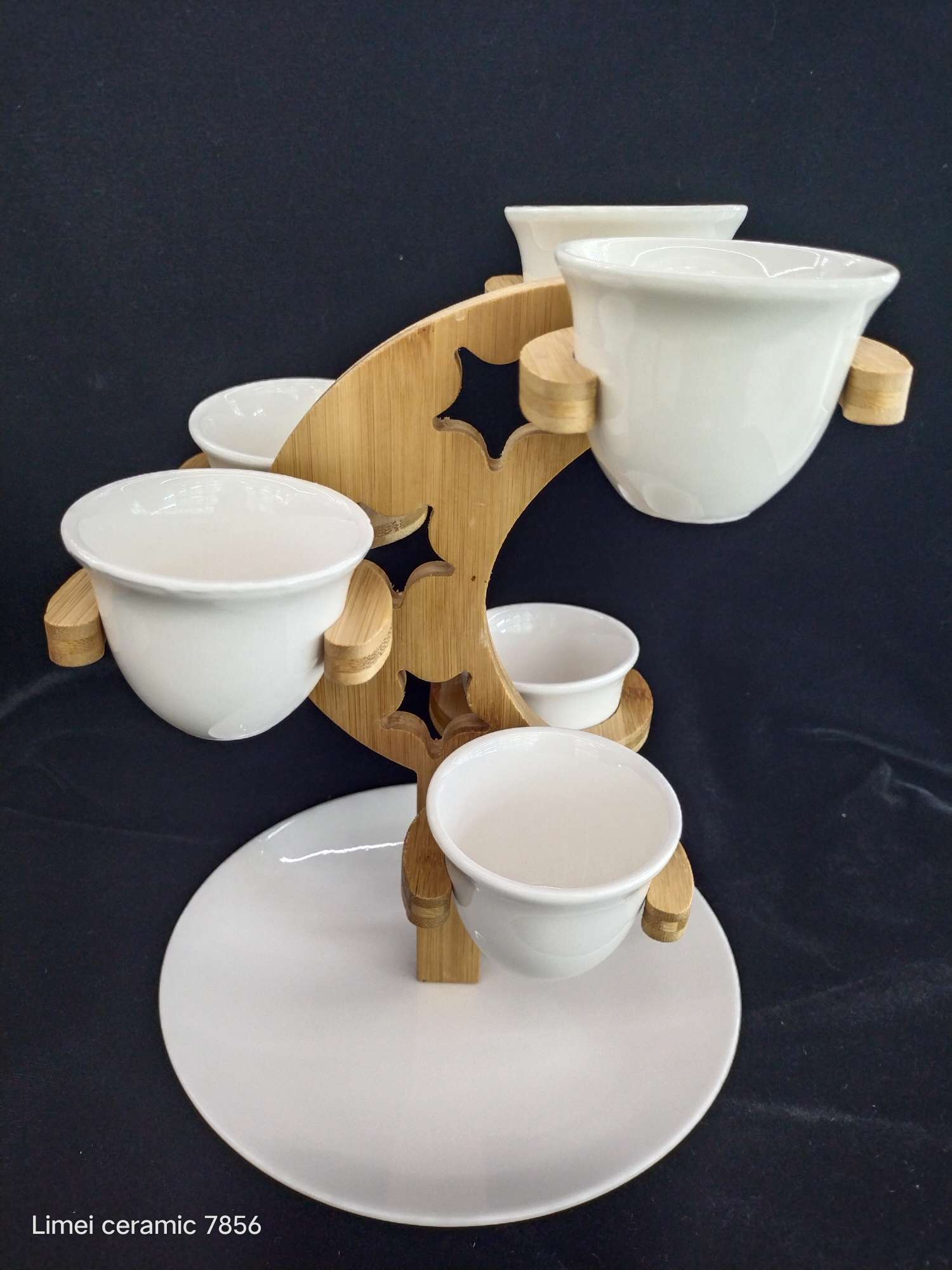 Bamboo tray ceramic plate with six-glass ceramic firing color moonlight cup, daily-use decorative item moon and star hollowed-out hammer-patterned smooth glass red tea cup, high-temperature resistant family dinner home decoration and practical LM12314578 Application Scenario